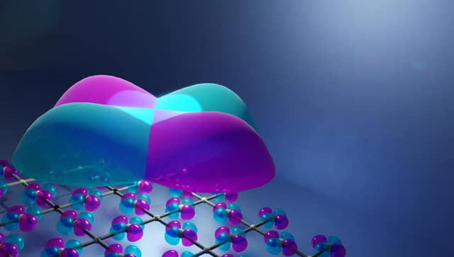 Illustration of an altermagnetic crystal with alternating spin-polarized electron lobes, by Libor Šmejkal