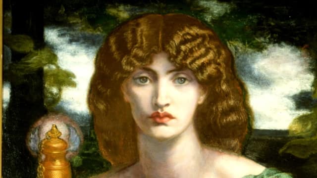 Detail of Rossetti's painting Mnemosyne: a woman with red hair holding a golden lamp